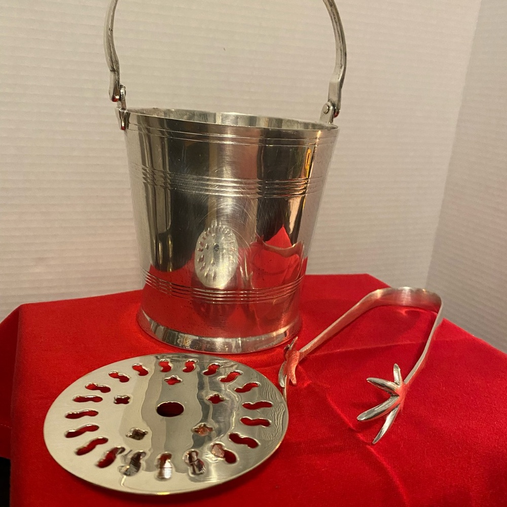 Vintage MCM Silver Plated Ice Bucket, Drainer and Claw Style Ice Tongs - Picture 2 of 12